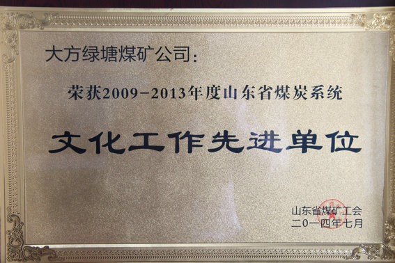 绿塘煤矿被评为2009-2013年度山东省煤炭系统先进单位